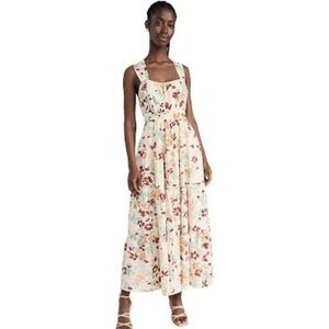 Moon River Floral Maxi Dress Small Square Neck Tiered Tie Back Cream Multi